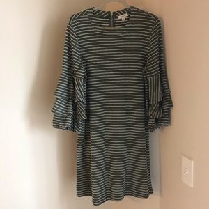 Ruffled Sleeves Olive and Cream Striped Dress